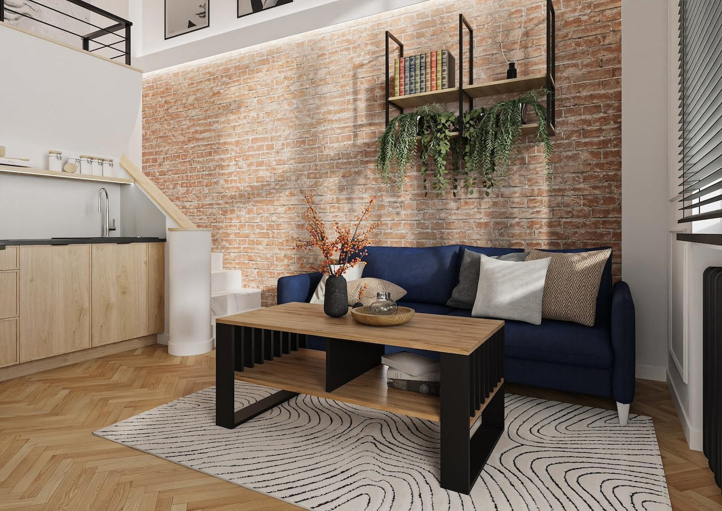 Moderner Couchtisch mit Stauraum und Lamellenelementen, Ewige Eiche