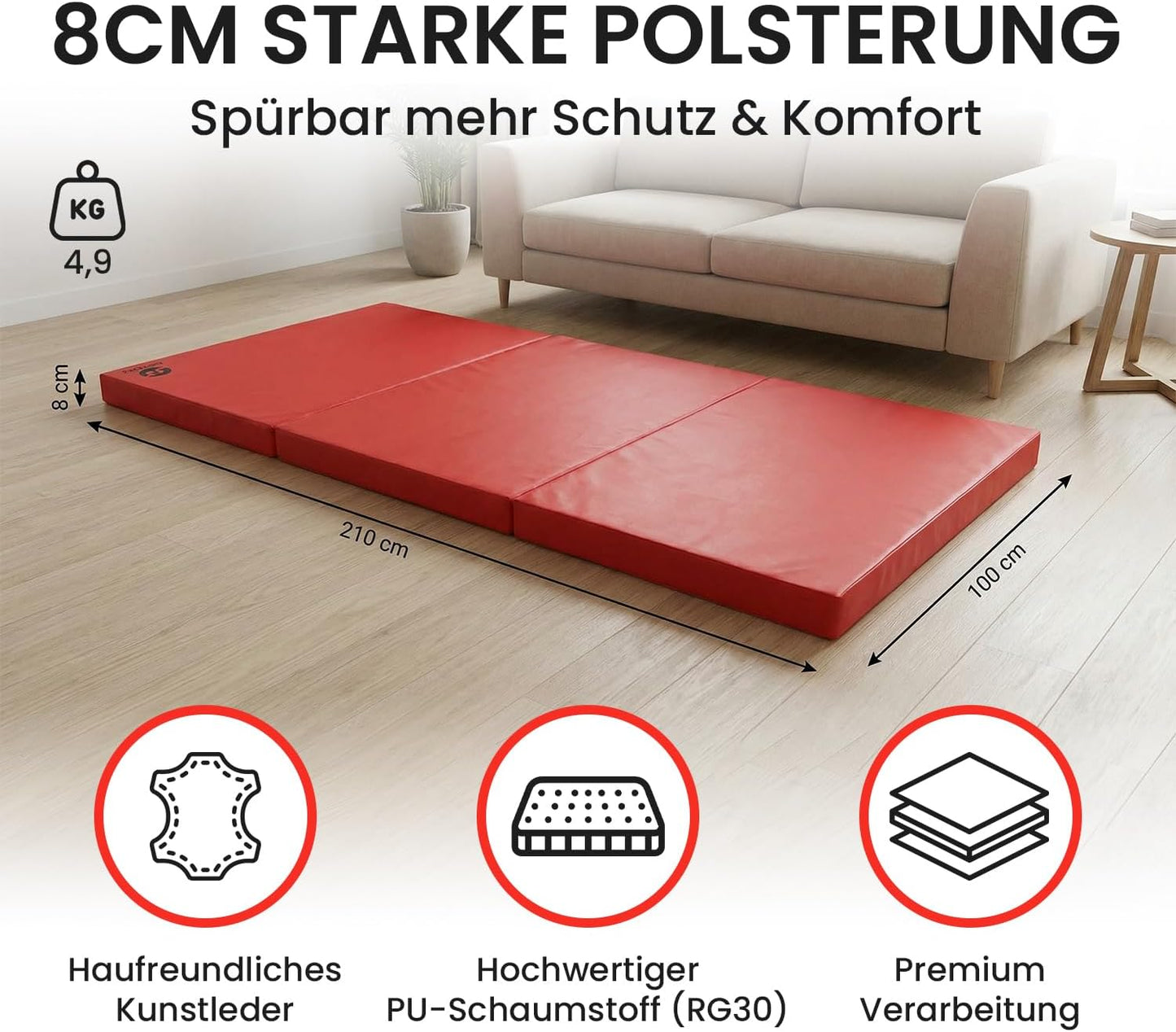 Klappbare Turn- und Gymnastikmatte, 210 x 100 x 8 cm, Rot