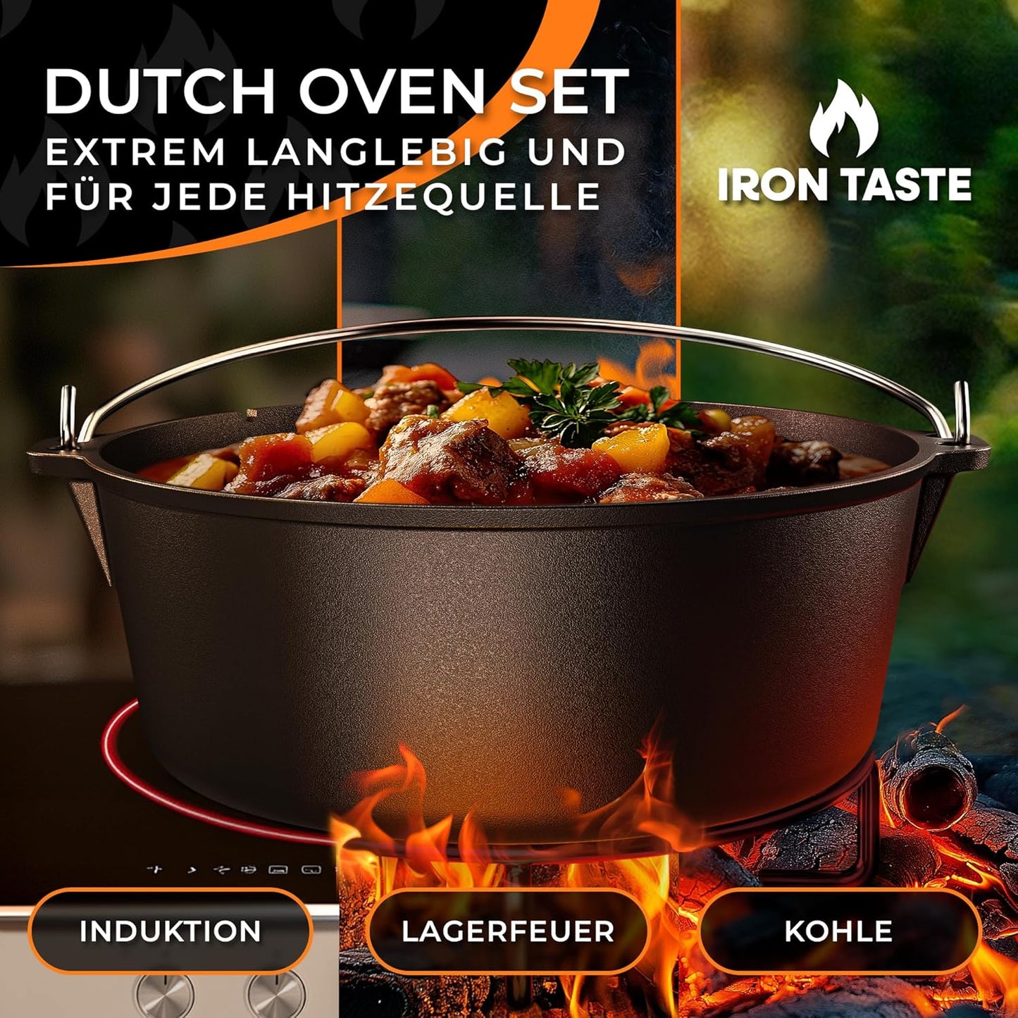 Dutch Oven Set mit Deckelheber & Untersetzer, ohne Füssen / 9 Liter