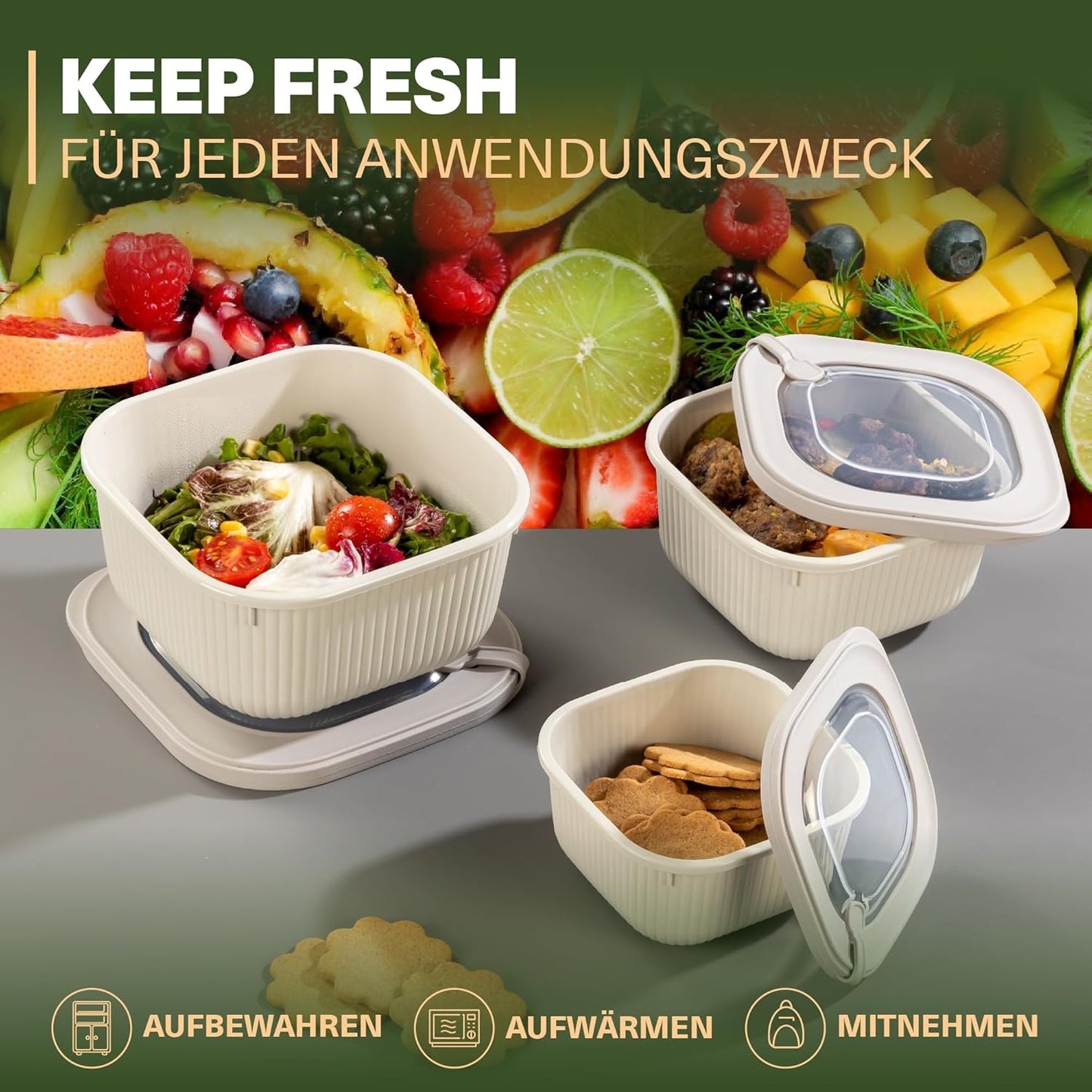 9-teiliges Frischhaltedosen-Set mit Ventildeckel, Beige 9er Set Quadratisch