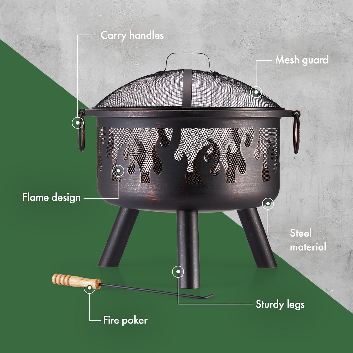 Feuerstelle für Garten & Terrasse, tragbar & leicht, Schwarz mit Flammdesign