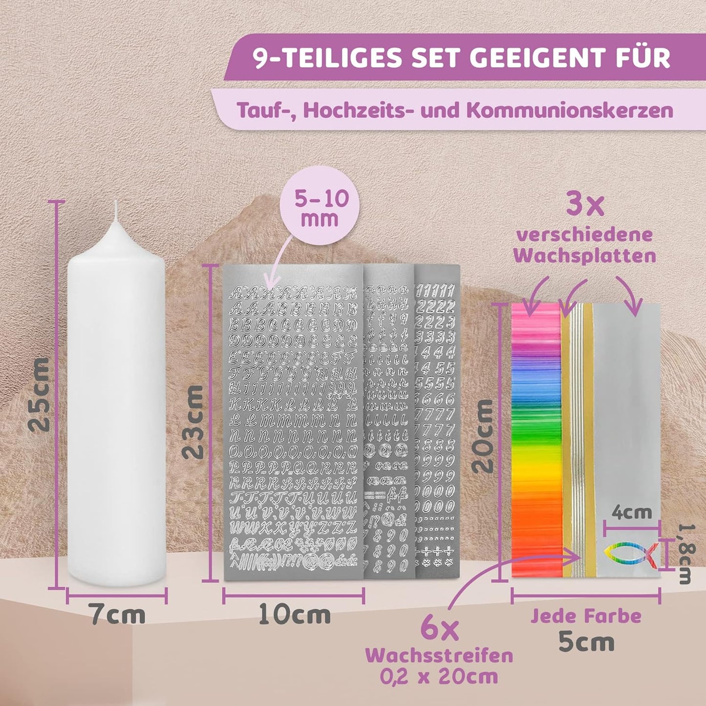Taufkerze Bastelset mit Wachsmotiven und Buchstaben, Regenbogen Gold | Silber mit Fisch Kerze 25x7 cm | Weiss
