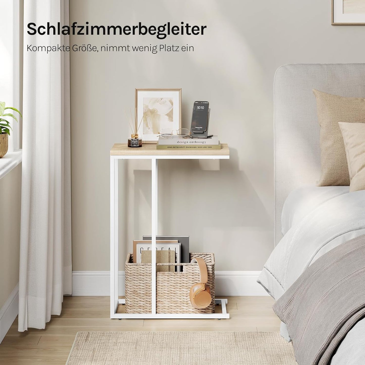 C-förmiger Beistelltisch für Wohnzimmer und Sofa, 1er Set Hell Eiche