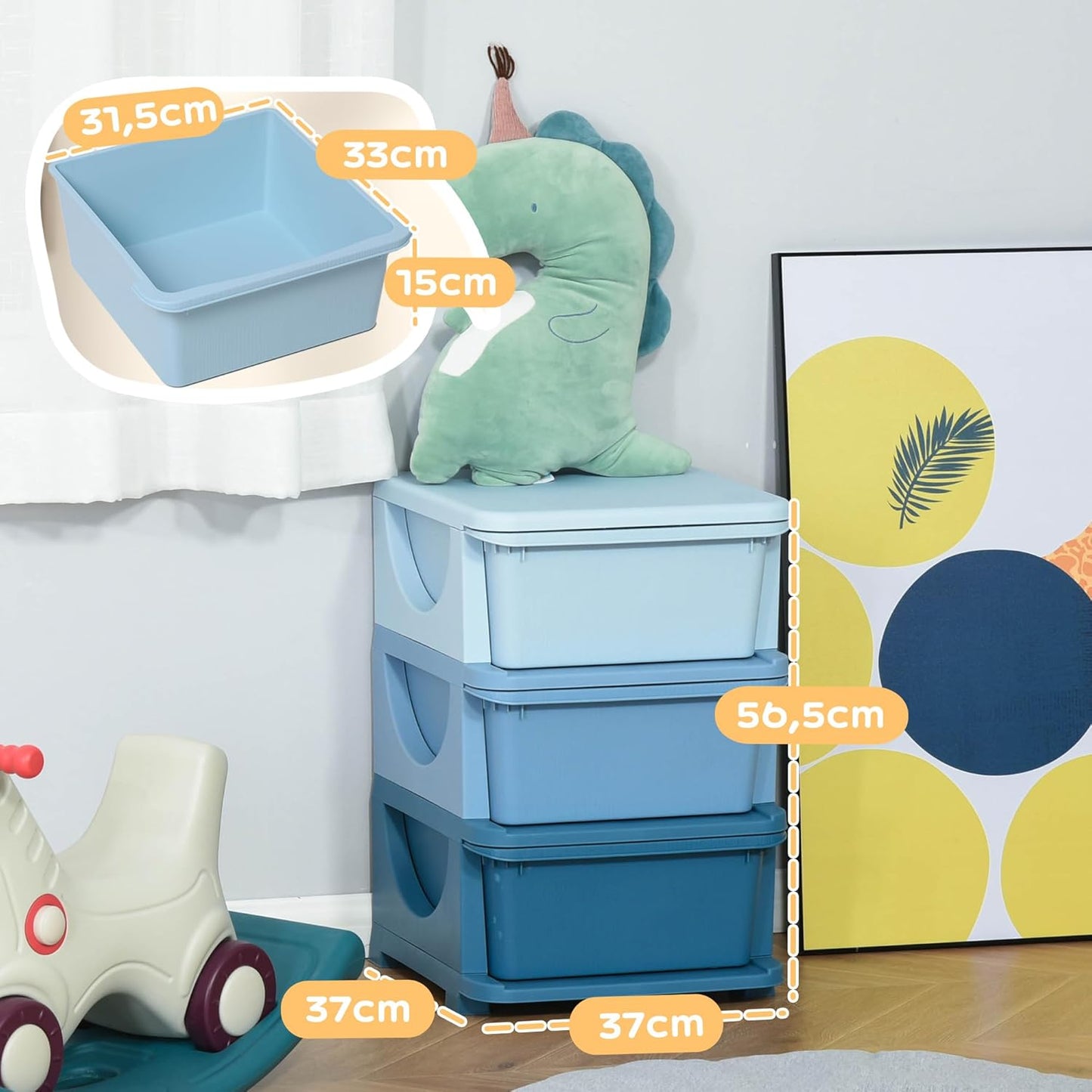 Kinder-Schubladenschrank mit Aufbewahrungsboxen, 37L x 37B x 56,5H cm Blau