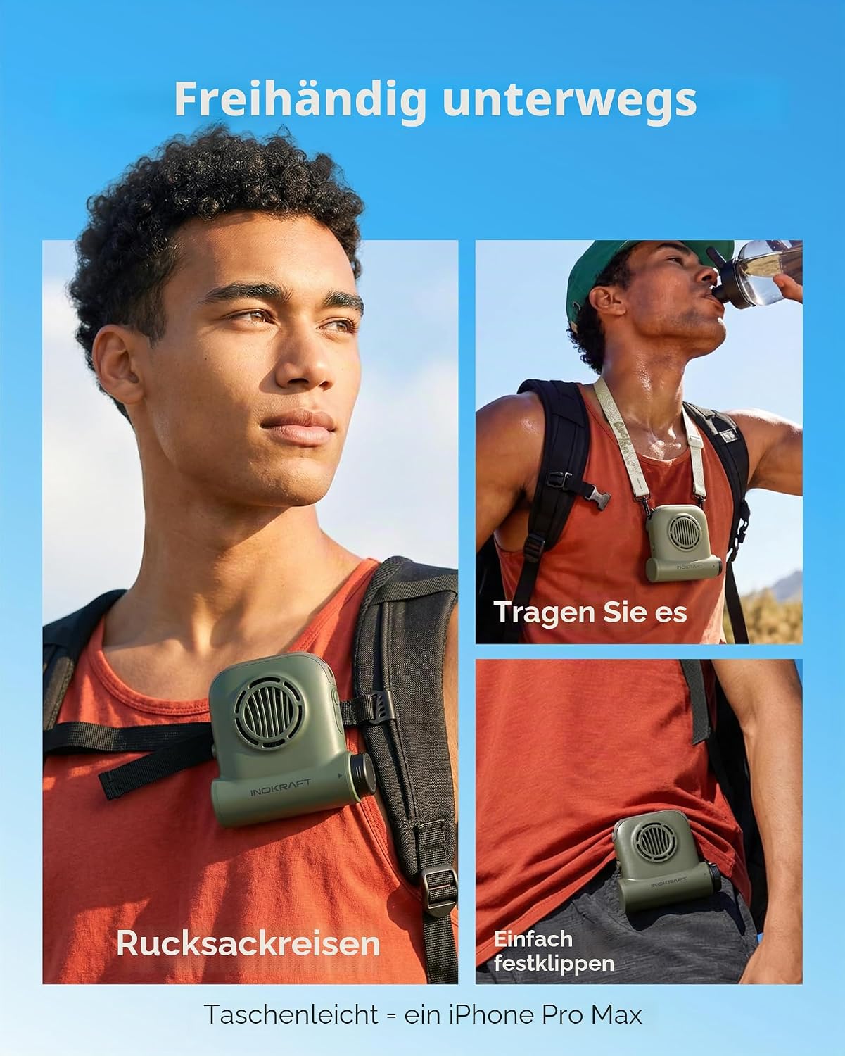 Tragbarer USB-Clip-Ventilator, Grün - 1 Akku