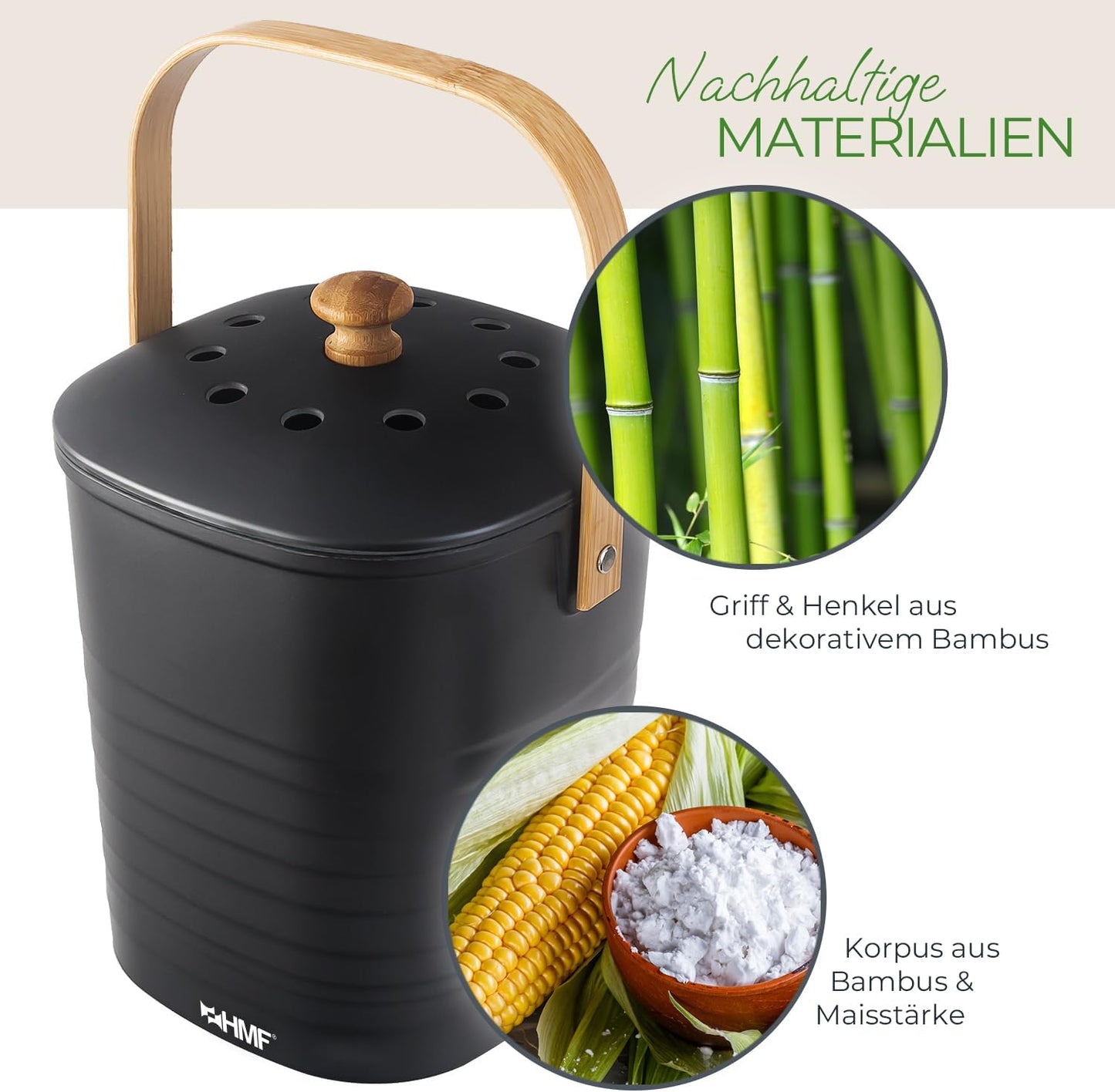 Geruchsdichter Biomülleimer mit Deckel, Schwarz 3 L