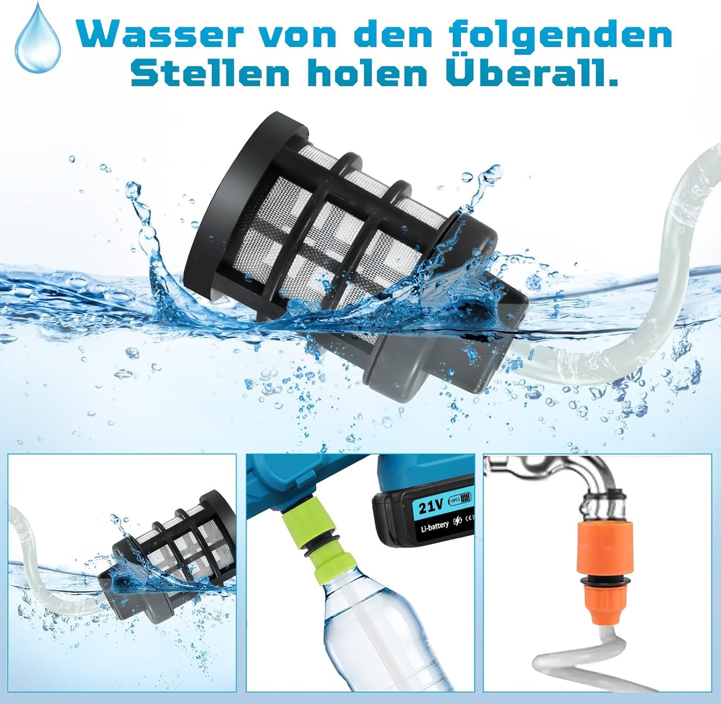 Mobiler Akku-Hochdruckreiniger 21V inkl. 2 Akkus, 120 Bar - 6-in-1-Düse