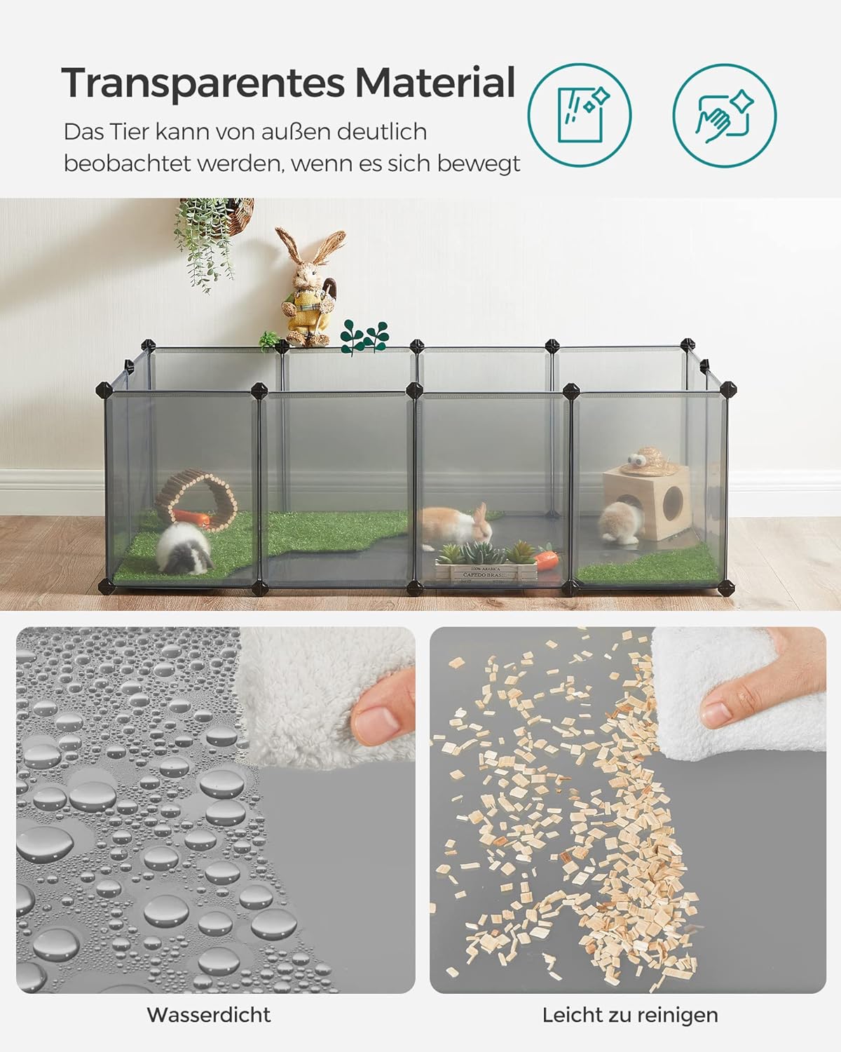 Freigehege mit Bodenplatten für Kleintiere, 143L x 73B x 46H cm Grau