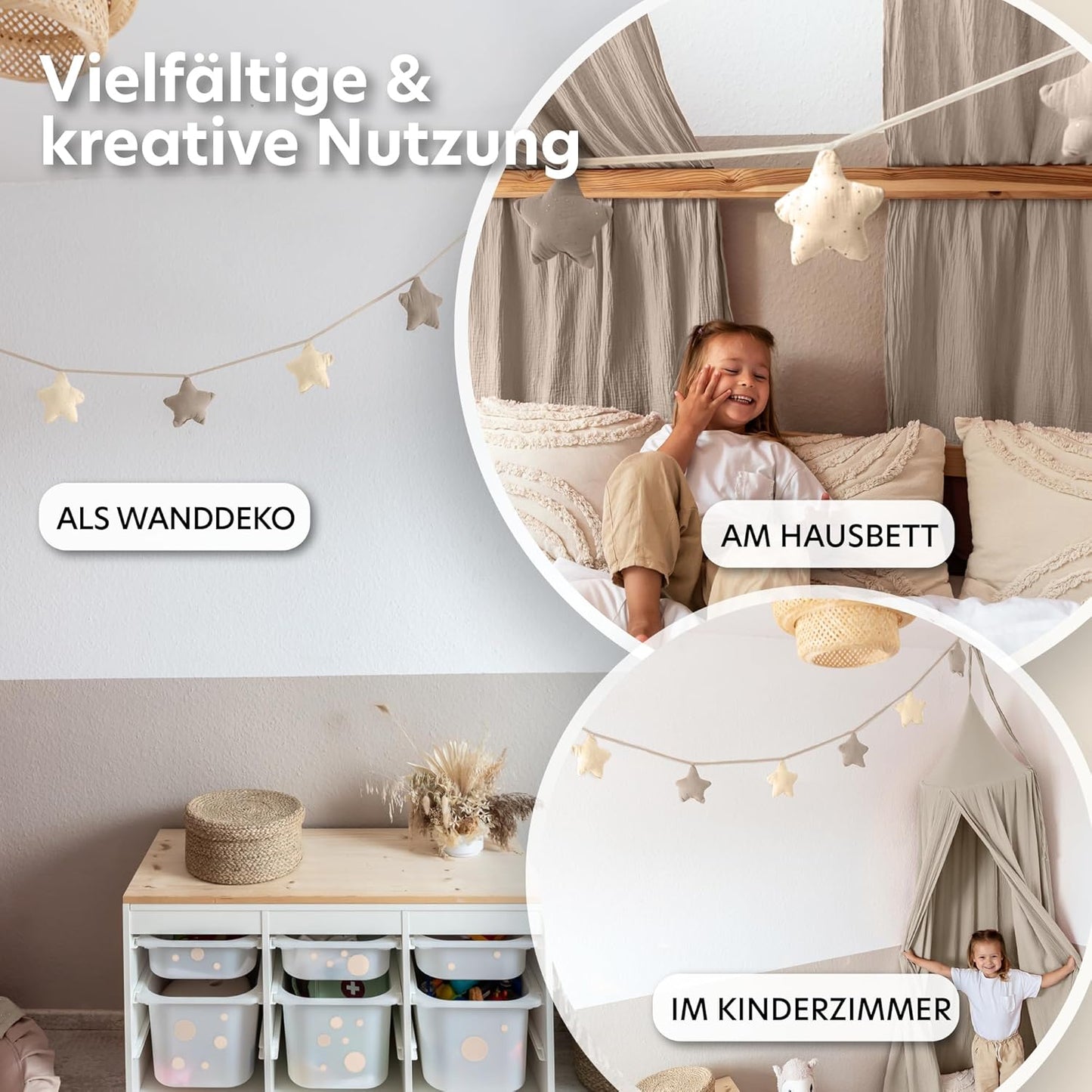 Sternenkette mit Goldapplikation, Hellbeige & Creme Sterne mit Goldapplikation