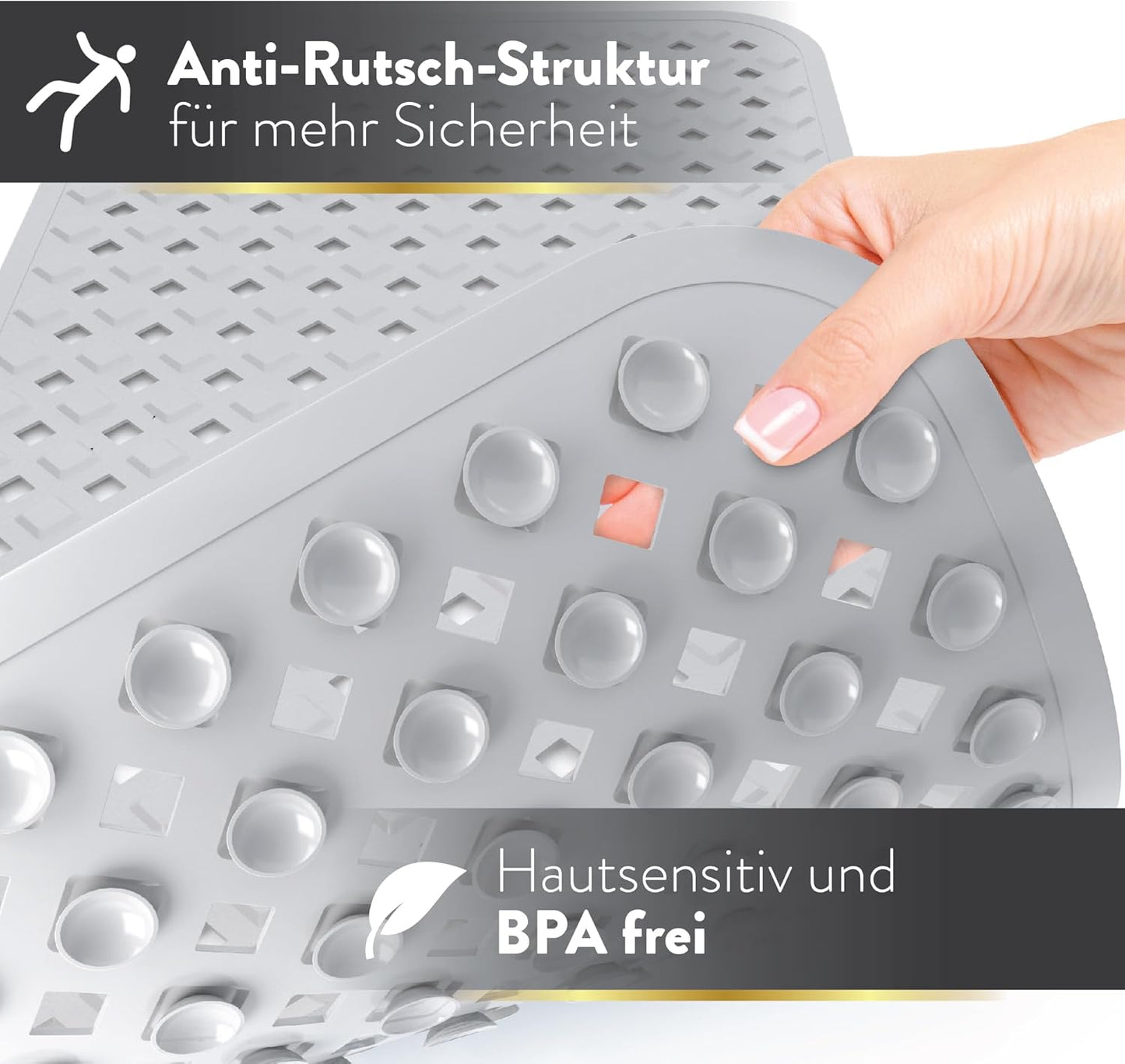 Rutschfeste Badewannenmatte (maschinenwaschbar), 88 x 39 cm (Rechteckig) Grau