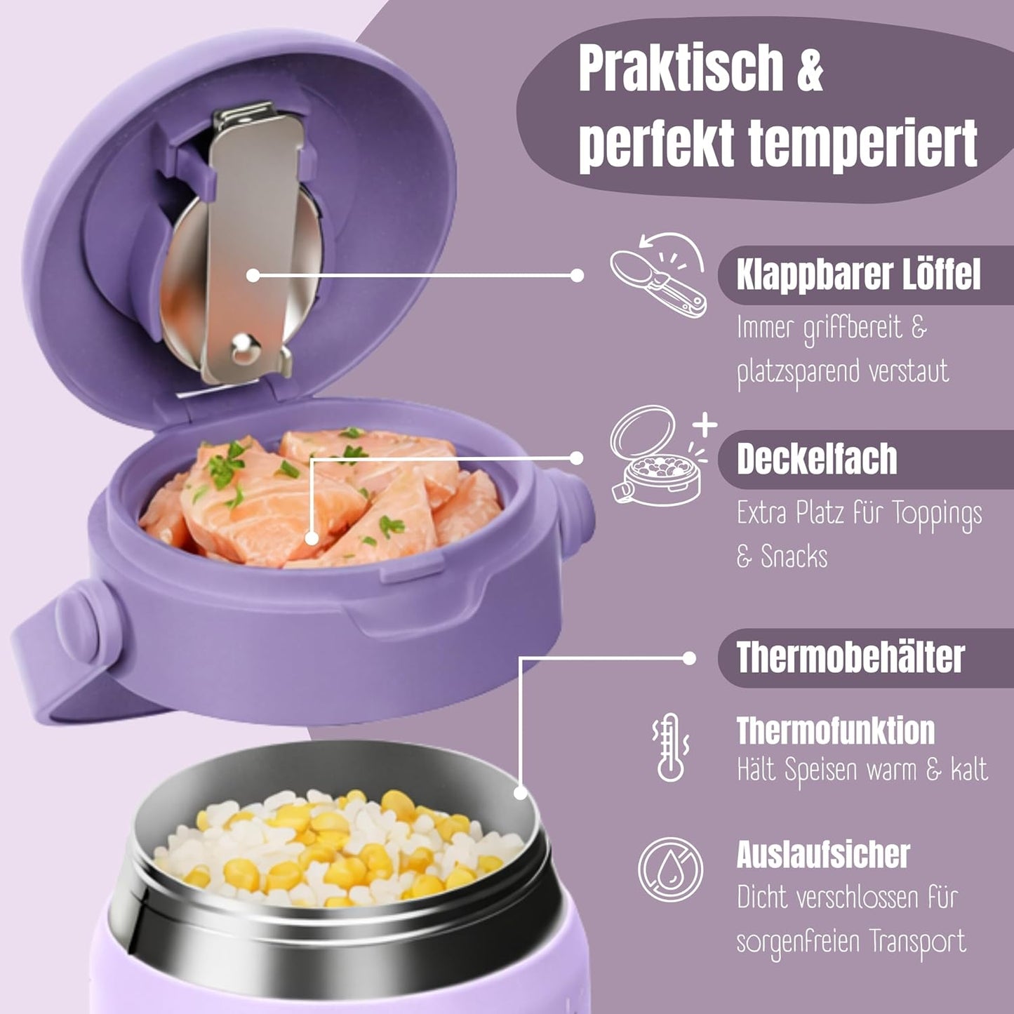 Einhorn-Thermobehälter mit Löffel, Einhorn - Lila 500ml