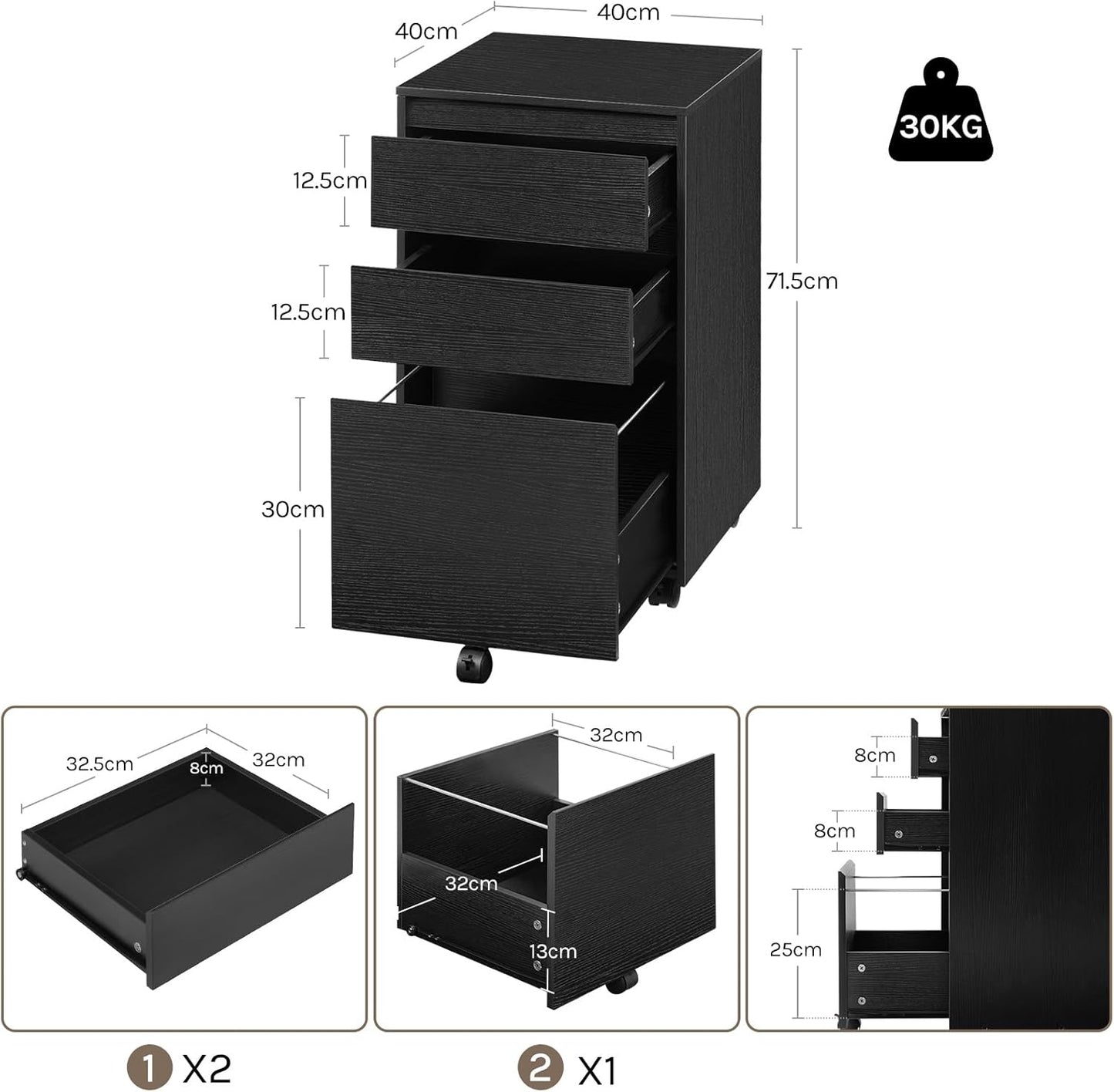 Mobiler Aktenschrank mit 3 Schubladen, 3 Ablagen(40T x 40B x 70H cm) Schwarz