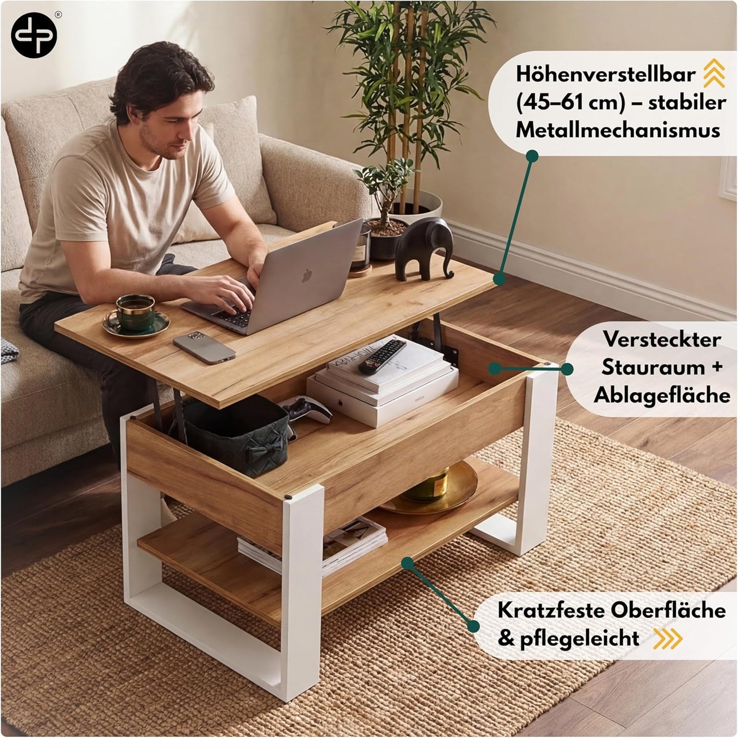 Höhenverstellbarer Couchtisch mit Stauraum, Weiss + Eiche