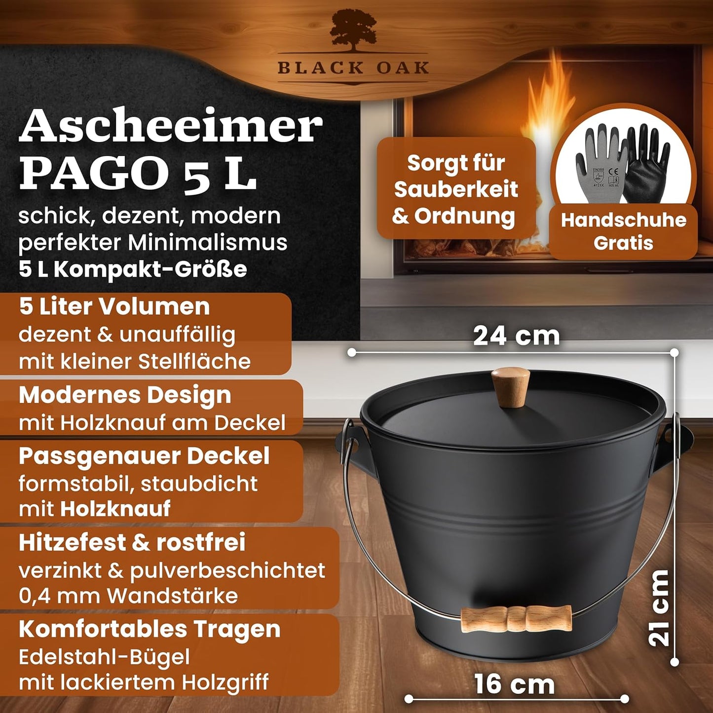 Ascheeimer Pago mit Deckel & Handschuhen, Pago 5L Eimer