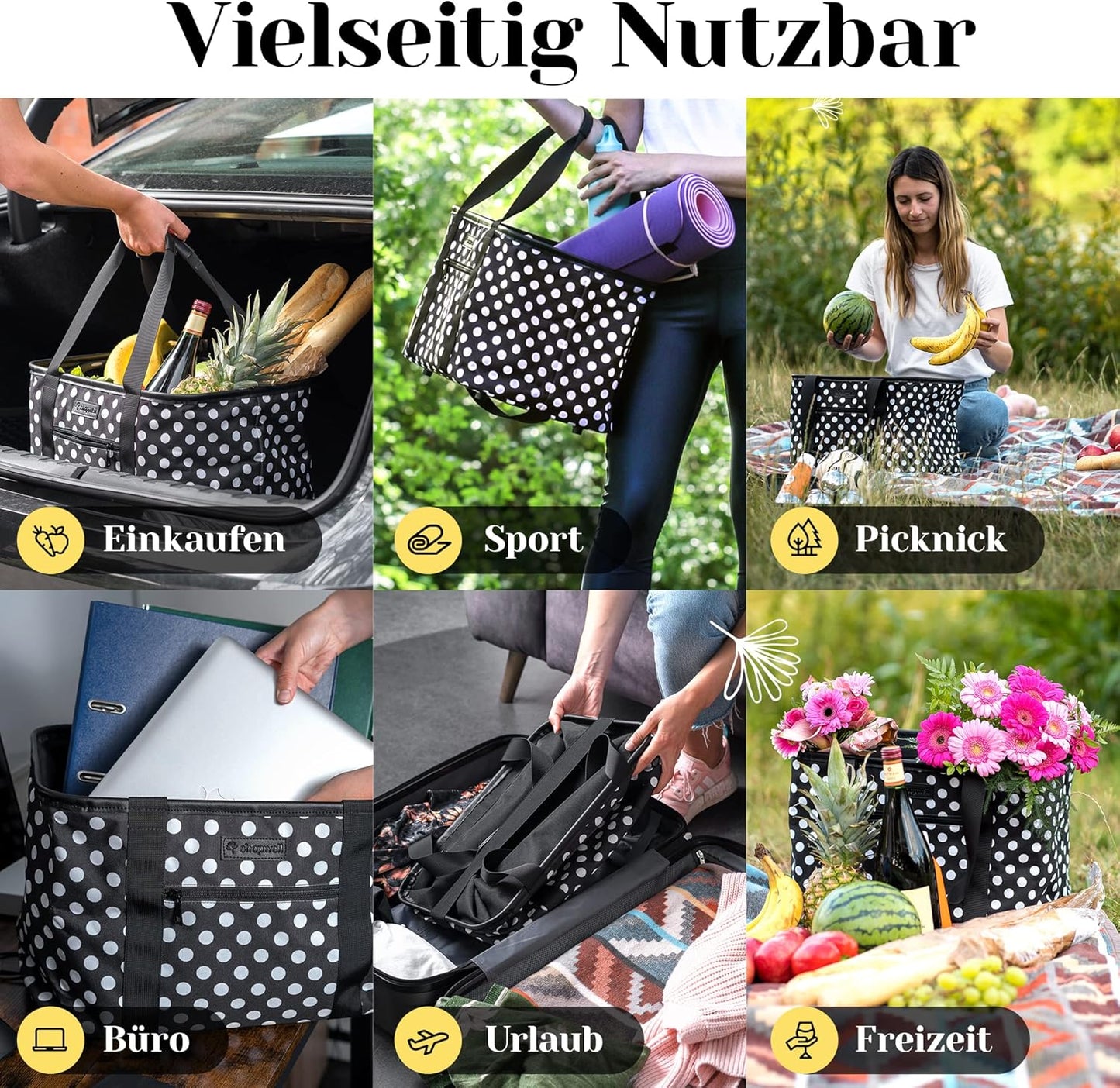 Faltbarer Einkaufskorb mit PU-Ledergriff, Schwarz/Weiss Gepunktet