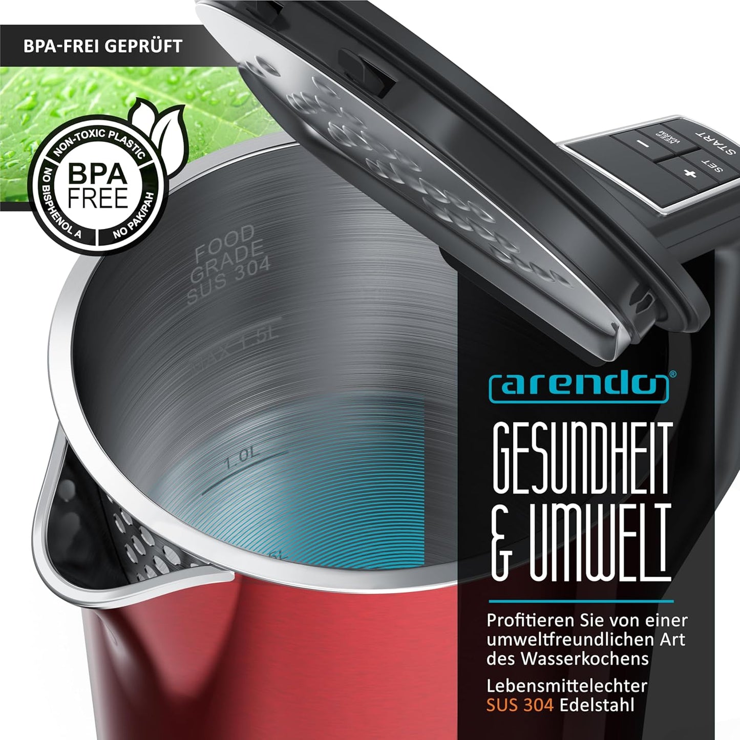 Edelstahl-Wasserkocher mit Temperatureinstellung (1,5L), F: Kaminrot