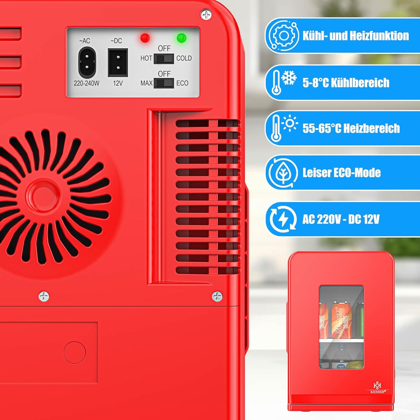2in1 Mini Kühlschrank mit Kühl- und Heizfunktion, 15L Rot