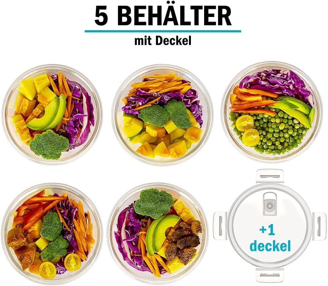 5-teiliges Glas-Frischhaltedosen-Set, luftdicht, Kreisförmig