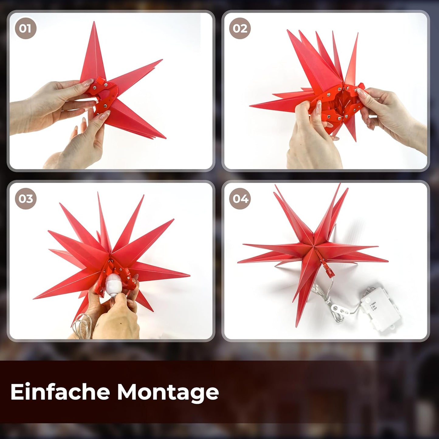 3D Leuchtstern-Set mit LED-Beleuchtung, 3-teilig, Rot
