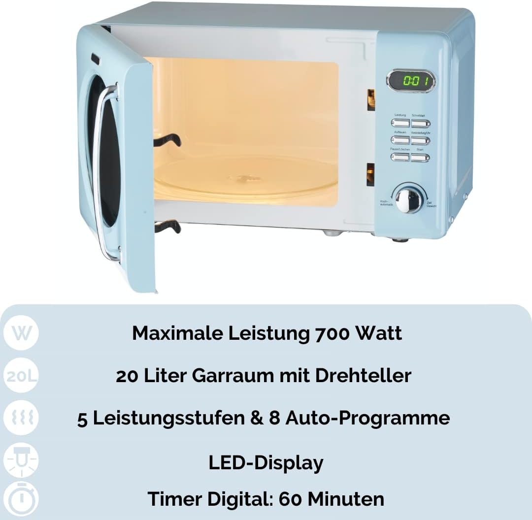 Retro Stand Mikrowelle mit 8 Garprogrammen, Blau