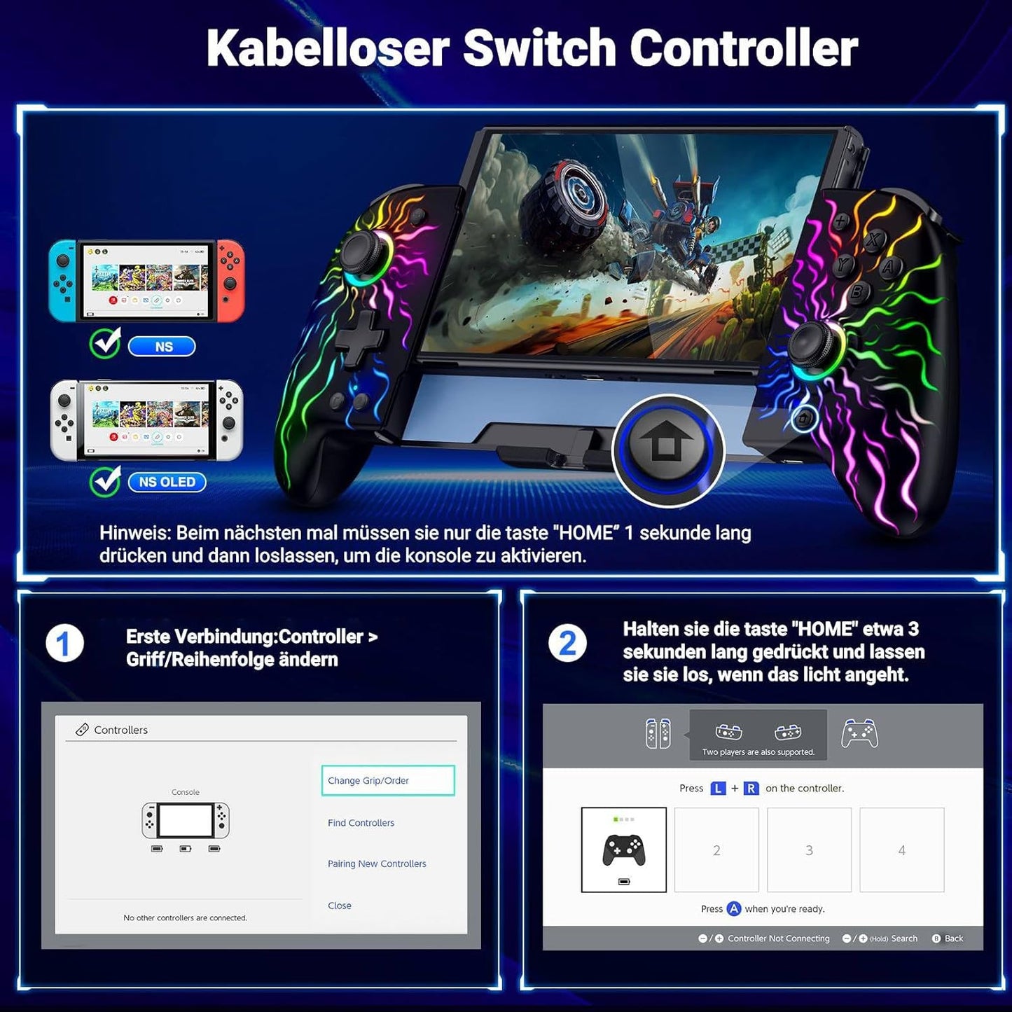 Bluetooth-Controller für Switch mit RGB und Makro-Funktion, Schwarz Flammen Muster
