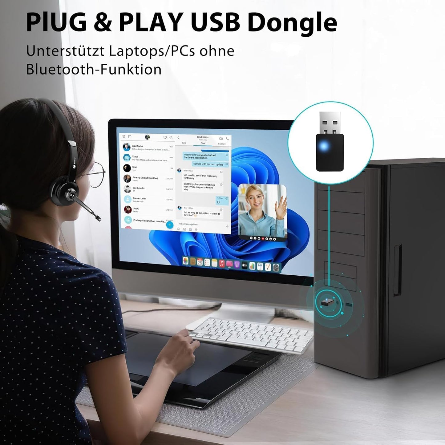Kabelloses Headset mit Mikrofon & USB-Dongle, Schwarz