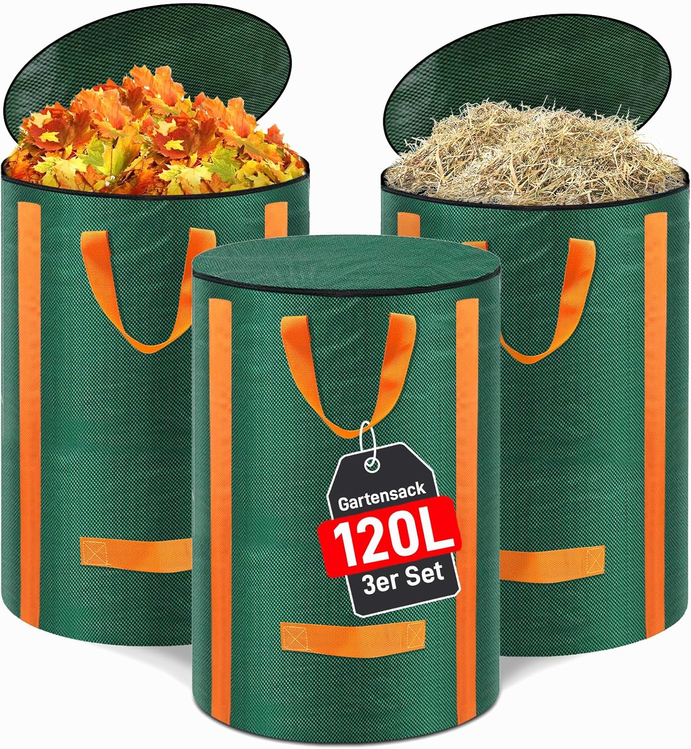 3-teiliges Gartenabfallsack-Set mit Deckel und Griffen, 3x 120L
