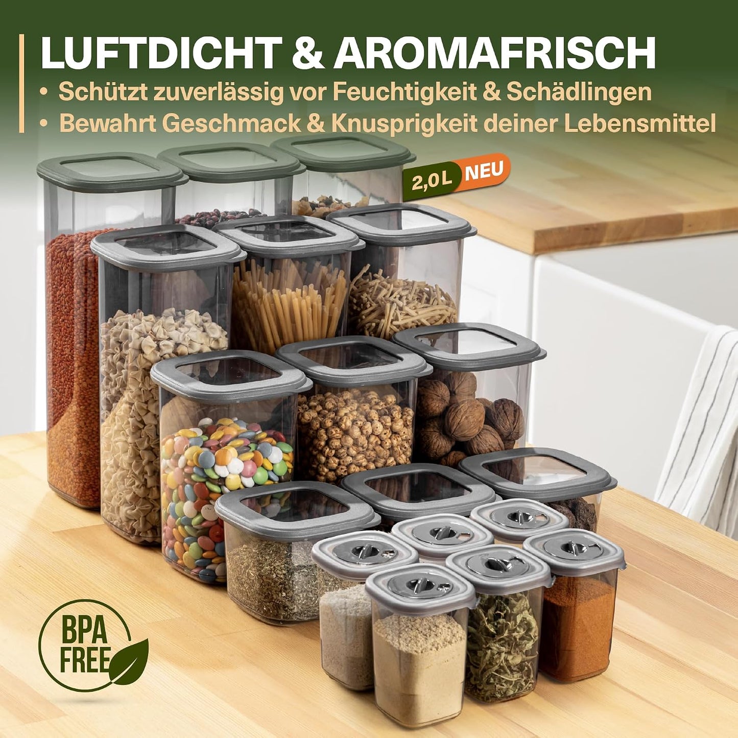 Vorratsdosen-Set (18-teilig, luftdicht, stapelbar), 12er Set + 6 Gewürzstreuer