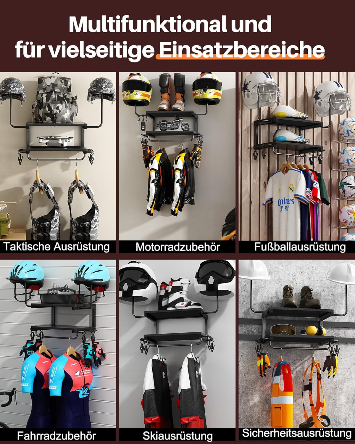 Helm-Wandhalterung mit 2 Ablagen und Haken-Set, Schwarz-klein