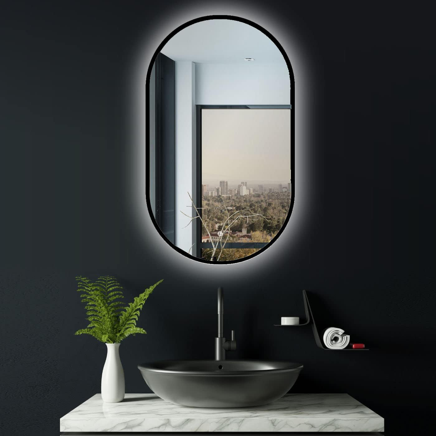 Ovaler Badspiegel mit LED-Beleuchtung und Touch-Schalter, Schwarz + Oval ; 75L x 45B cm