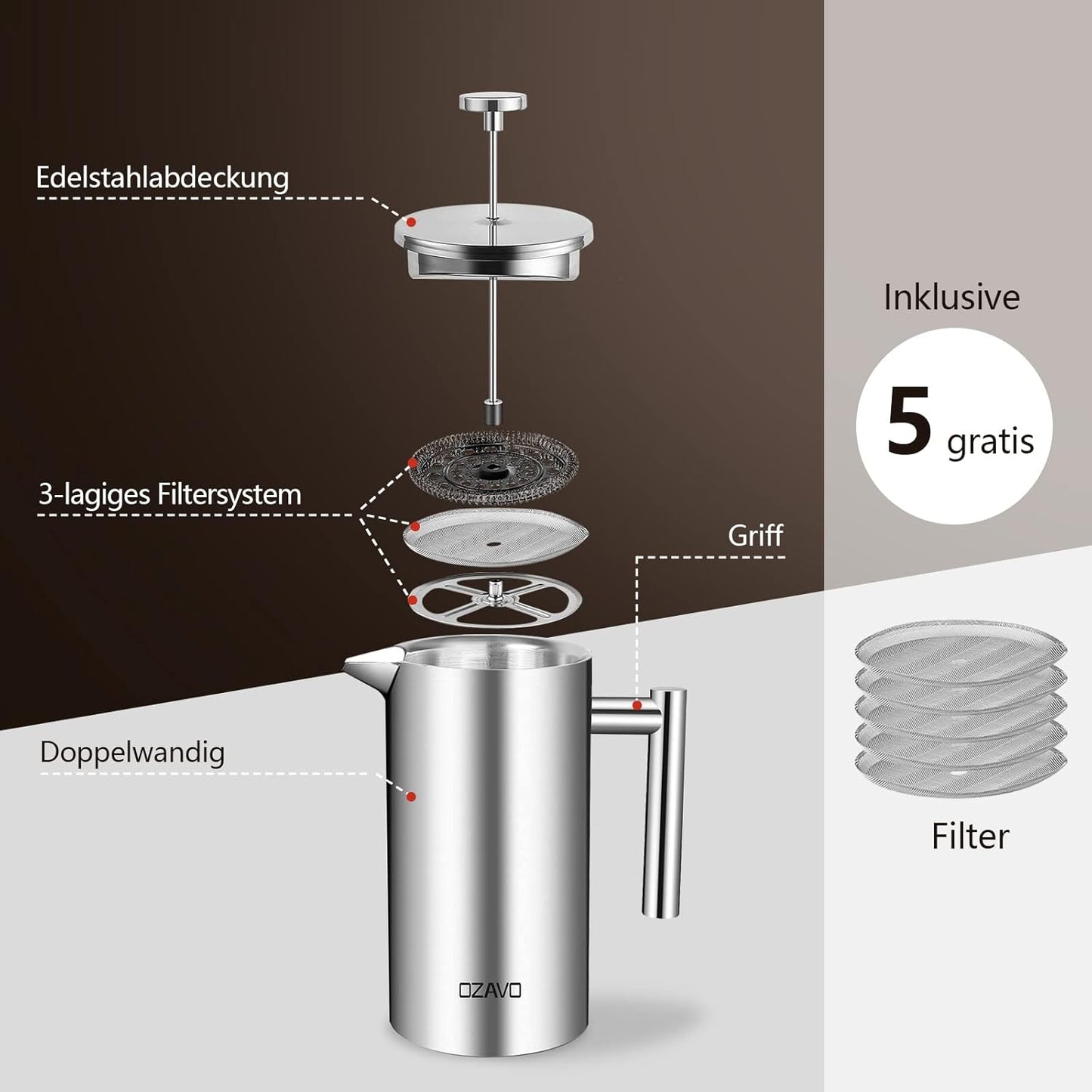 French Press mit 5 Ersatzfiltern, 1 L