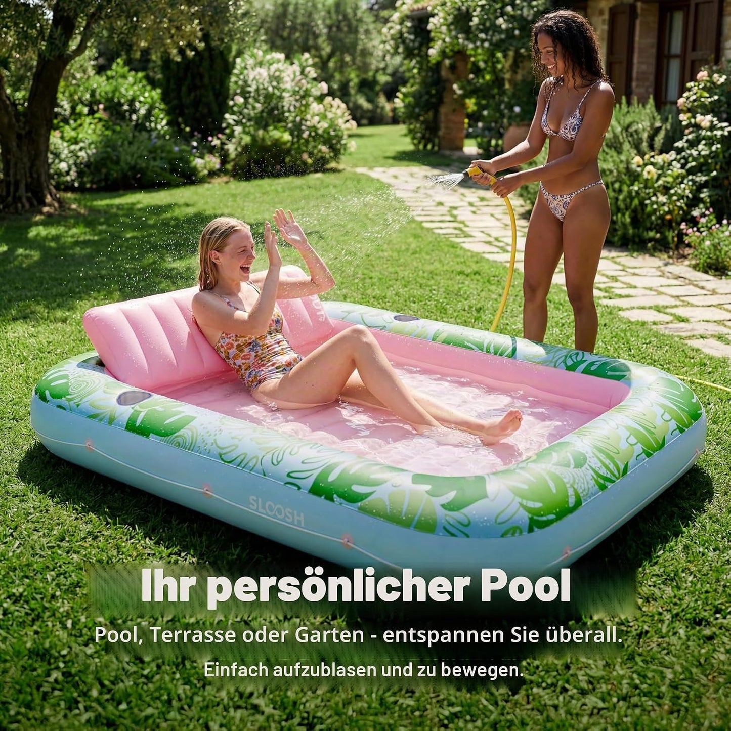 Aufblasbarer 4-in-1 Sonnenliegepool mit Kissen und Getränkehalter, Cyan Rosa XL
