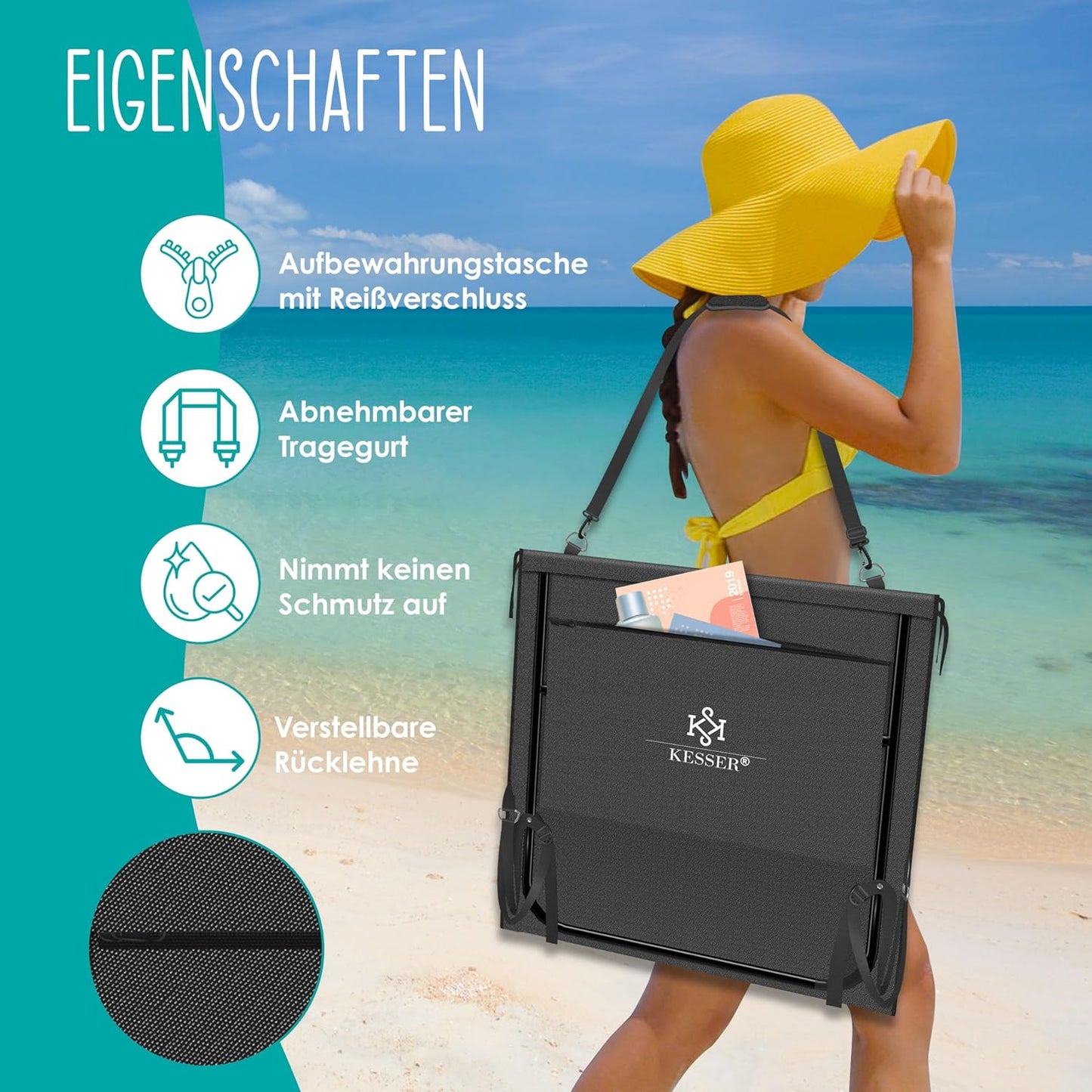 Klappbare Strandmatte mit verstellbarer Rückenlehne und Tragegurt 2er-Set, 2 Stück Schwarz