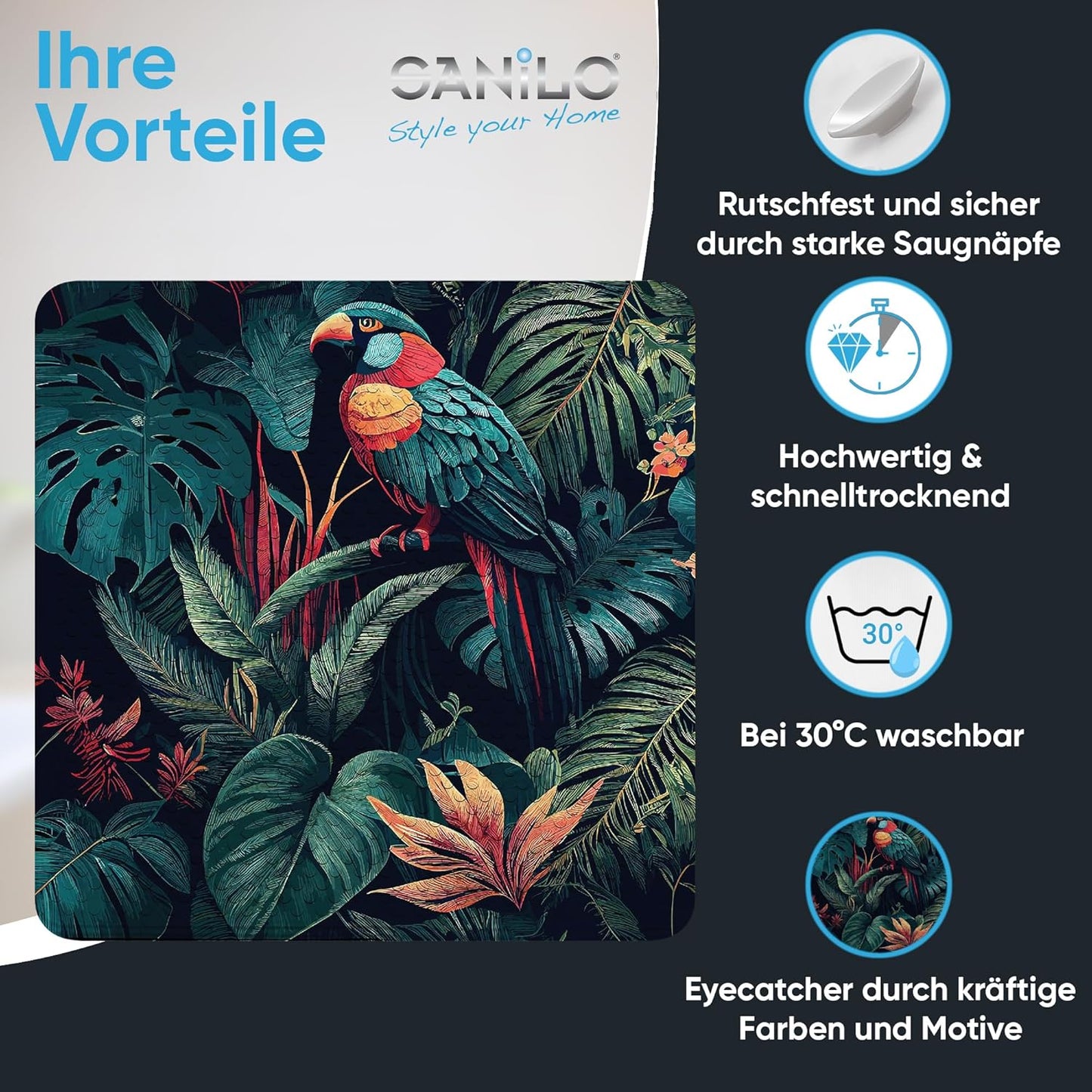 Rutschfeste Badematte, schimmelresistent 53x53 cm, Exotic