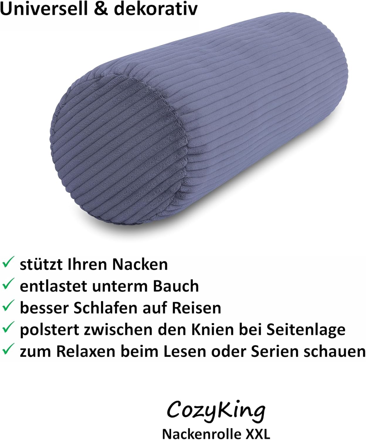 Nackenrolle in Cord Optik, Cord Grau 15 x 70 cm