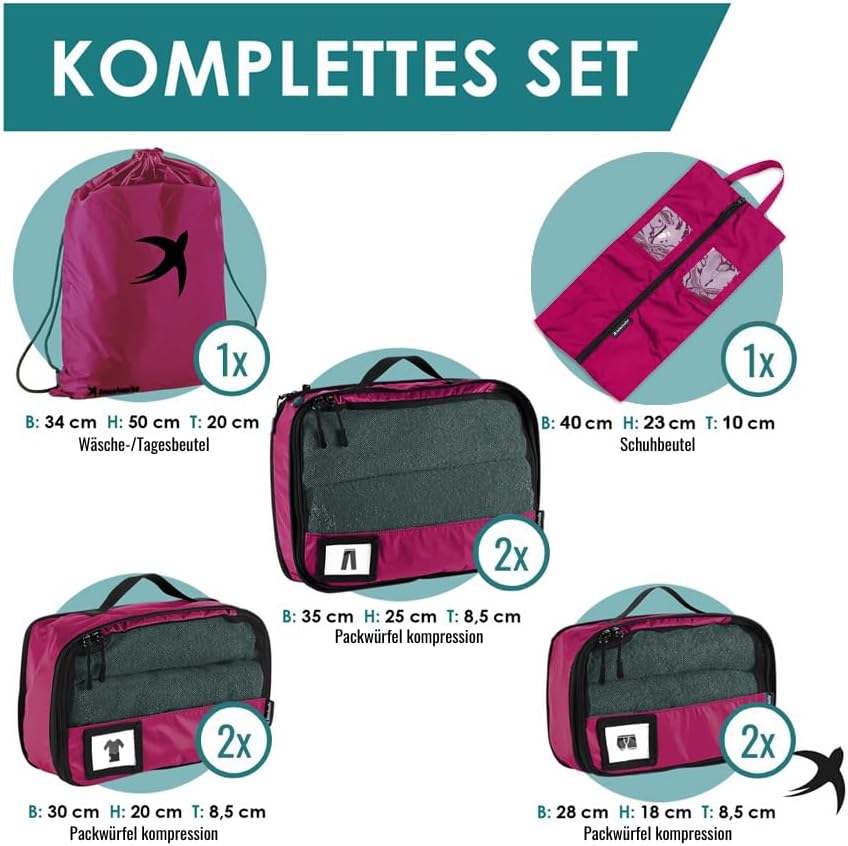 8-teiliges Kompressions-Packwürfel-Set, Himbeer 8-teiliges Set
