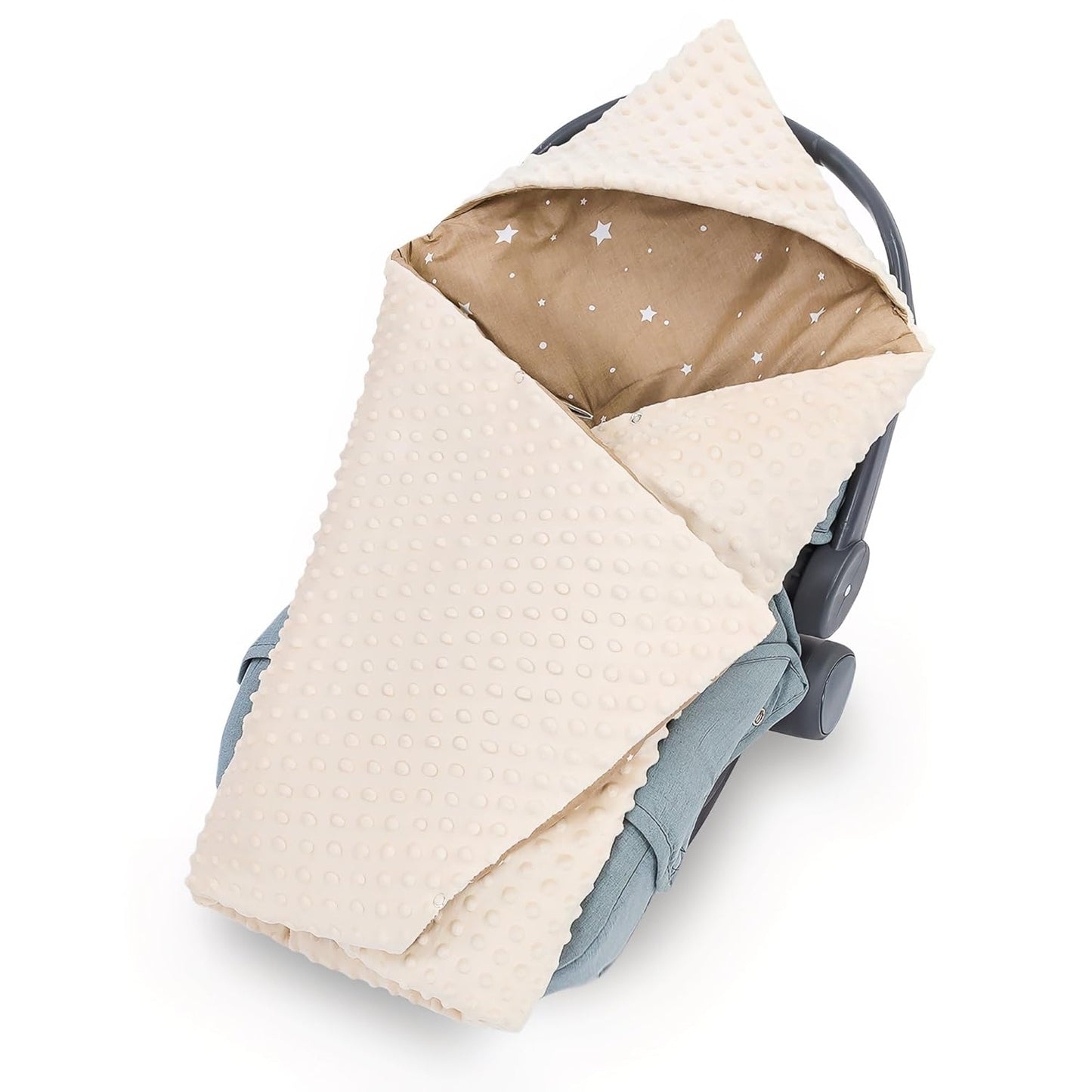 Einschlagdecke für Babyschale mit 3 oder 5-Punk-Gurt, Beige mit Weiss Sternen, Ganzjahres