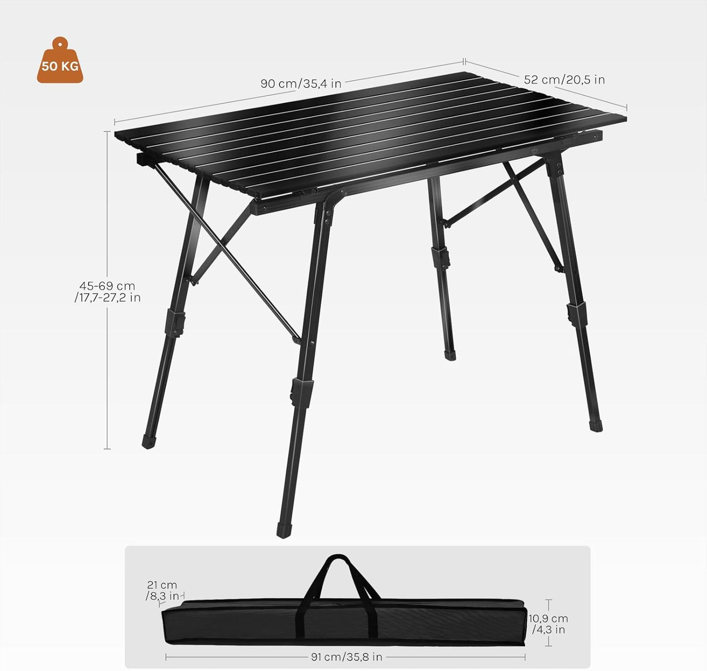 Höhenverstellbarer Klapptisch aus Alu, zusammenklappbar, 90x52cm Schwarz