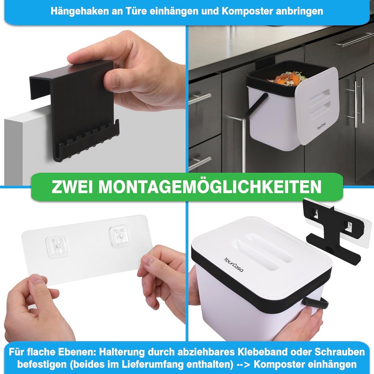 Komposteimer zum Einhängen mit Sieb, Weiss