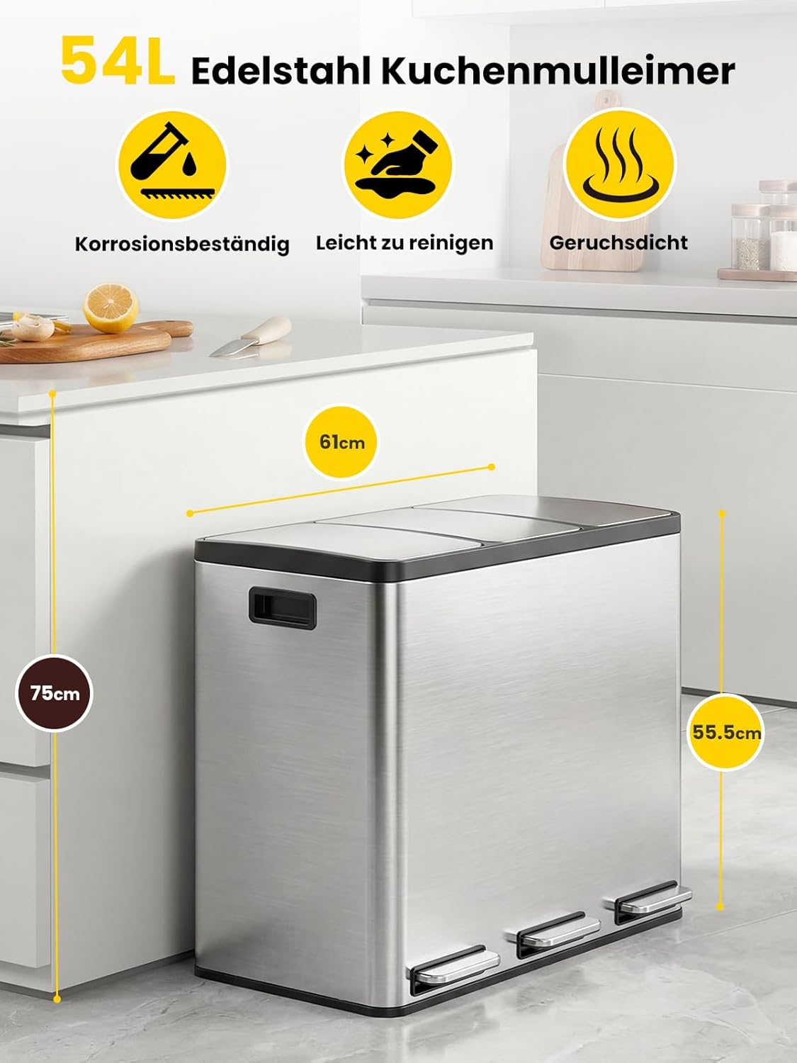 3-teiliger Treteimer mit Soft Close Deckel, Silber 54L