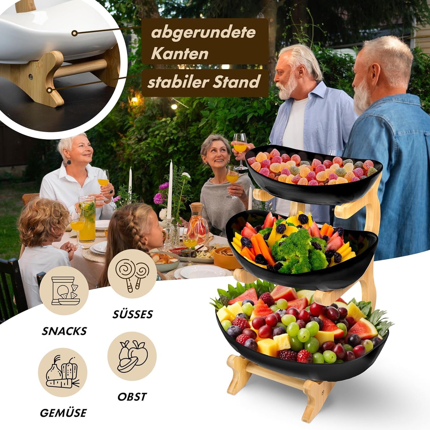 Obst Etagere 3-stöckig mit Bambusständer, Schwarz