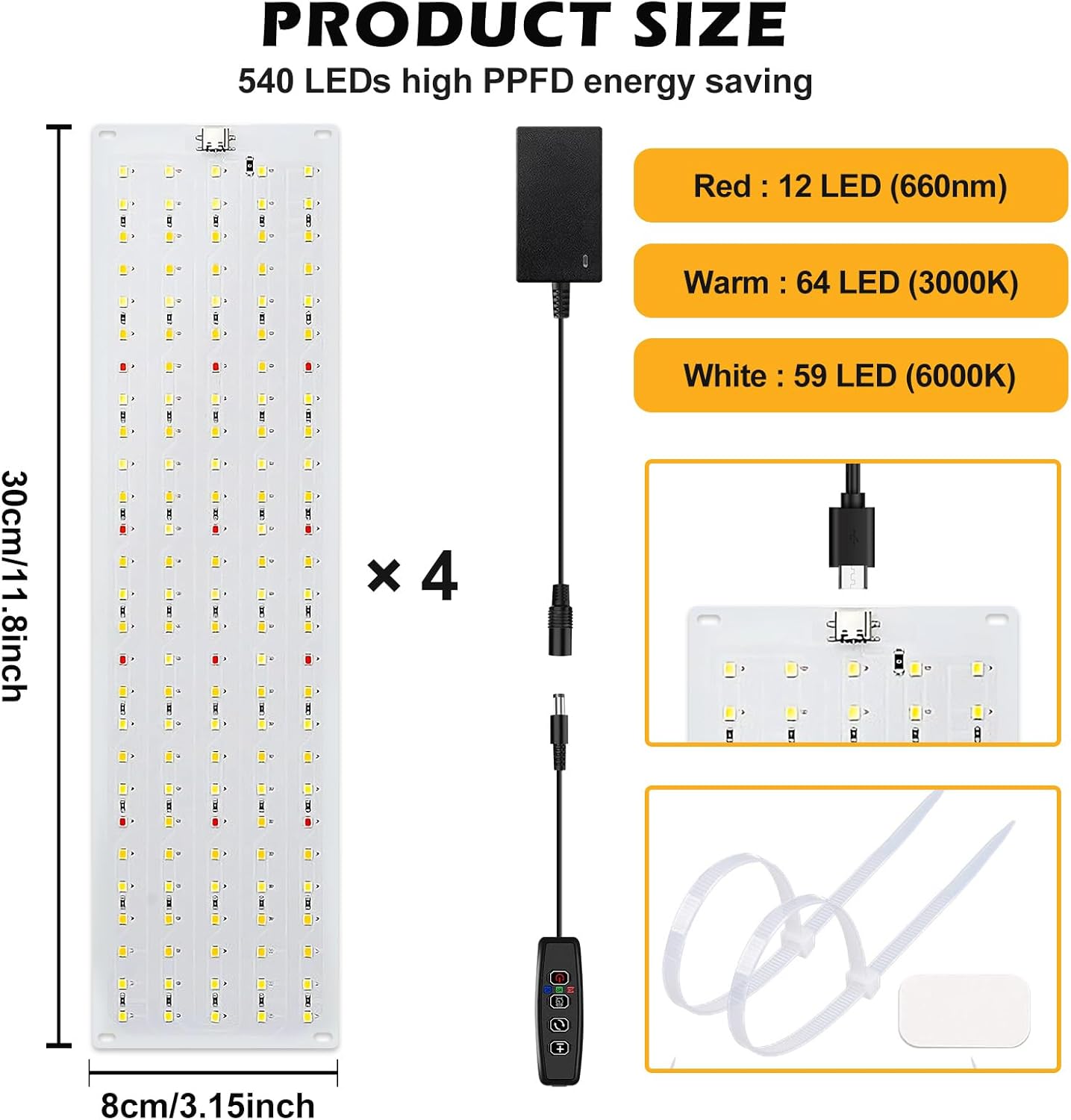 LED Pflanzenlampe mit Timer und Farbmodi, 4 Panels, 540LEDs