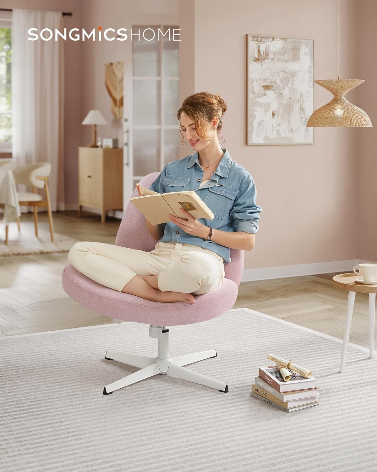 Höhenverstellbarer Schneidersitz-Schreibtischstuhl, Pastellrosa Ohne Rädern