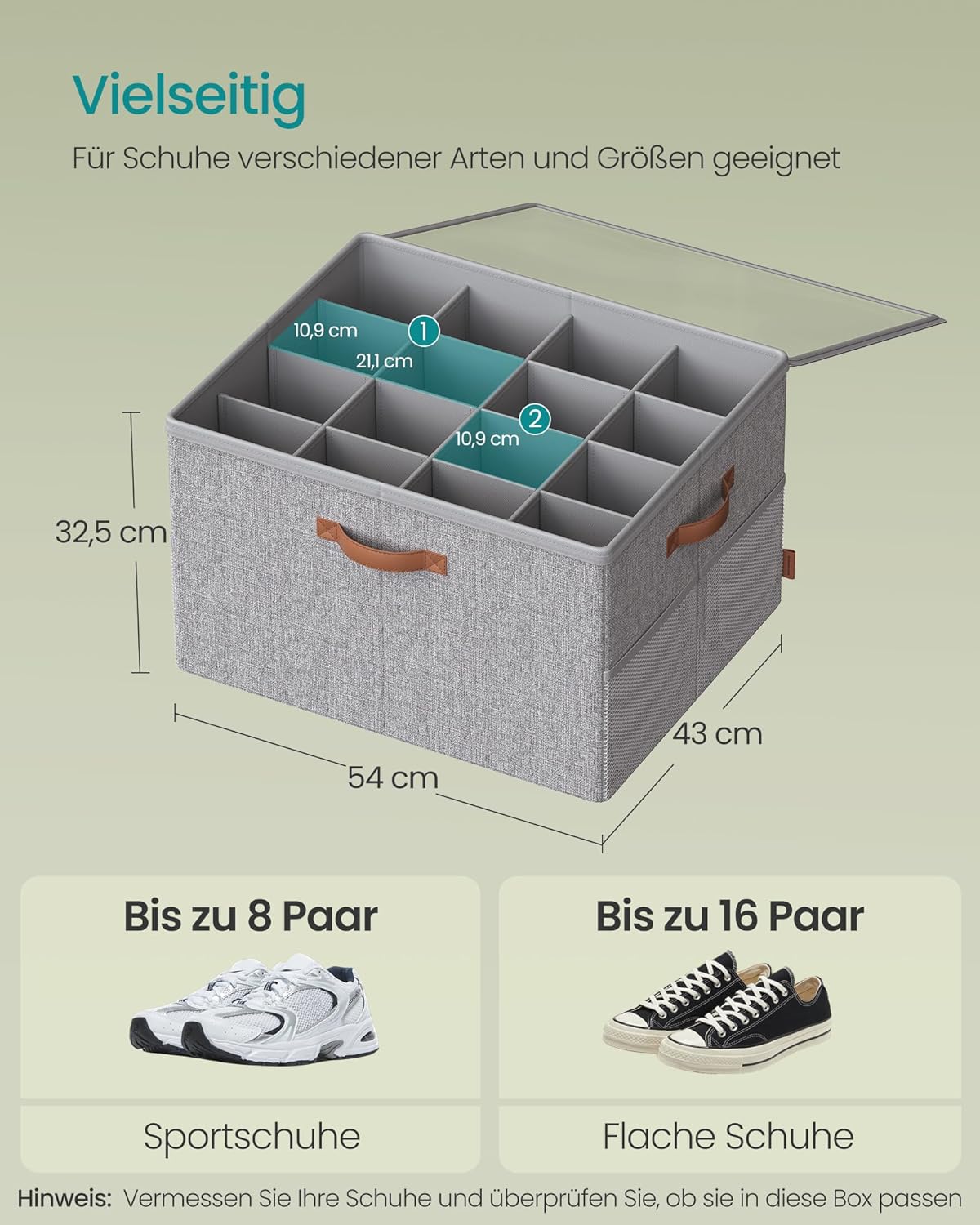 Schuh-Organizer für 16 Paar mit transparentem Deckel, Taubengrau