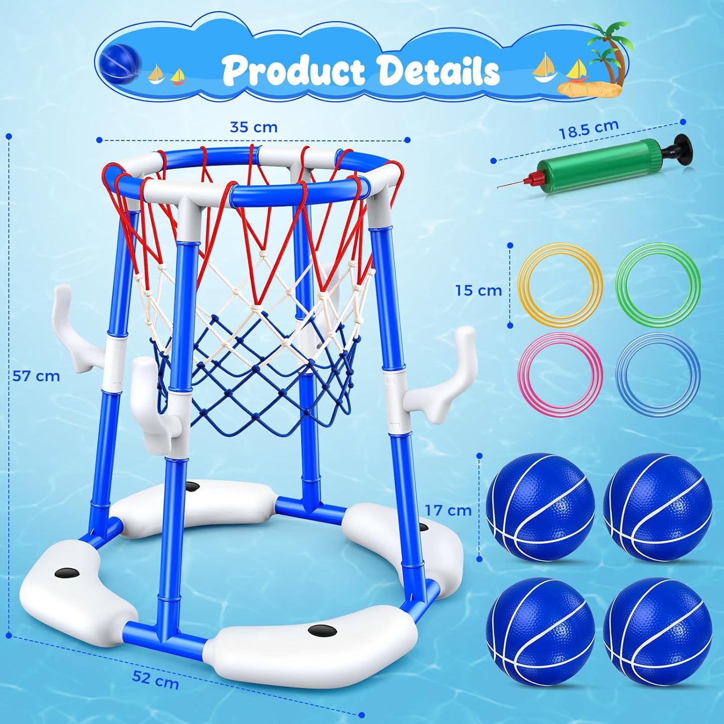Pool-Basketballkorb-Set mit 4 Bällen und 12 Ringen