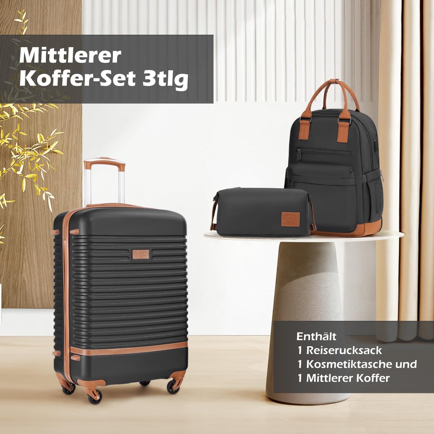 Reise Set - Koffer, Rucksack, Kulturbeutel, Mittlerer Koffer-Set 3tlg Schwarz/Braun