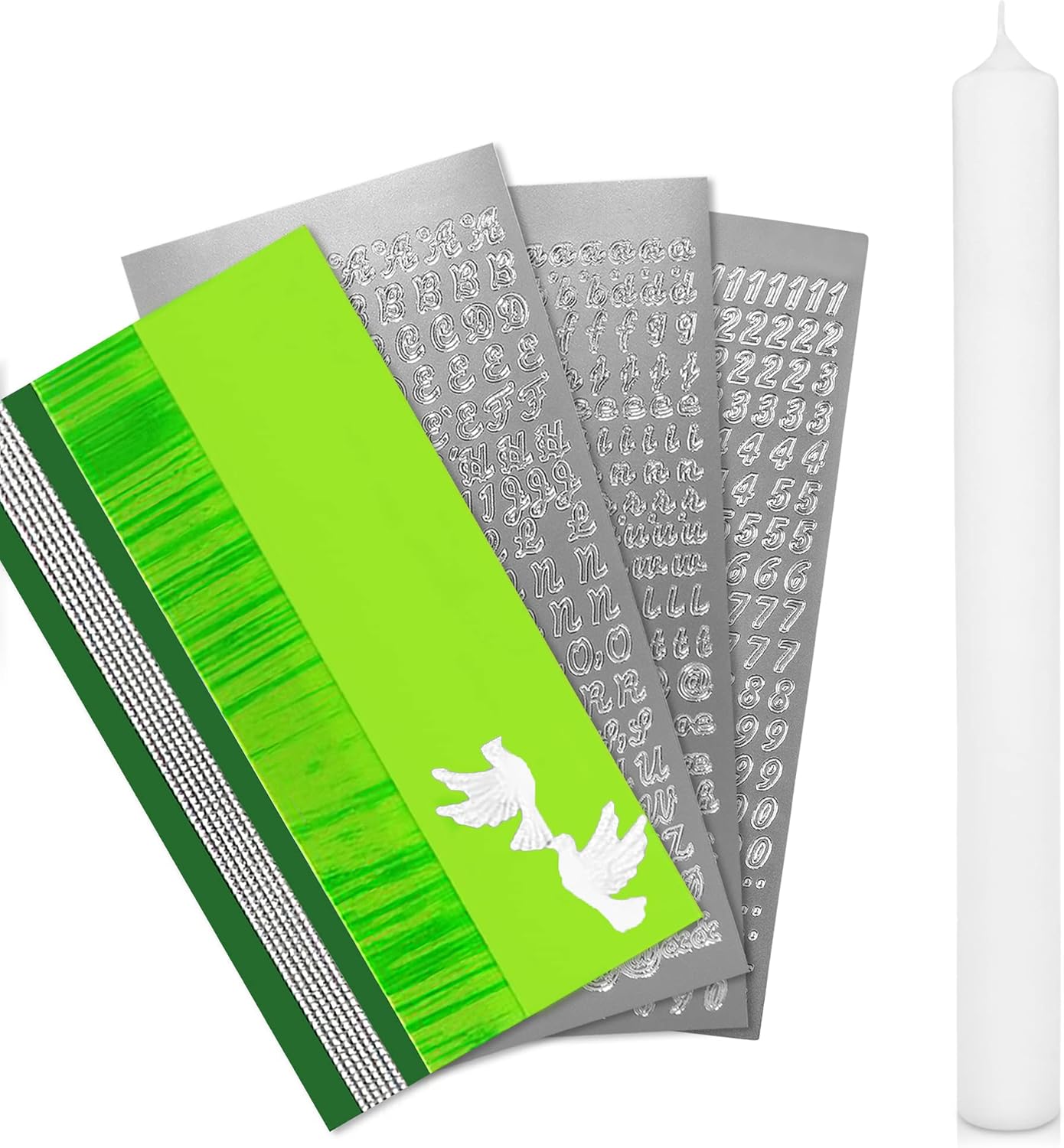 Kerzen-Rohling Set zur individuellen Gestaltung, Grün mit Taube Kerze 40x4 cm | Weiss