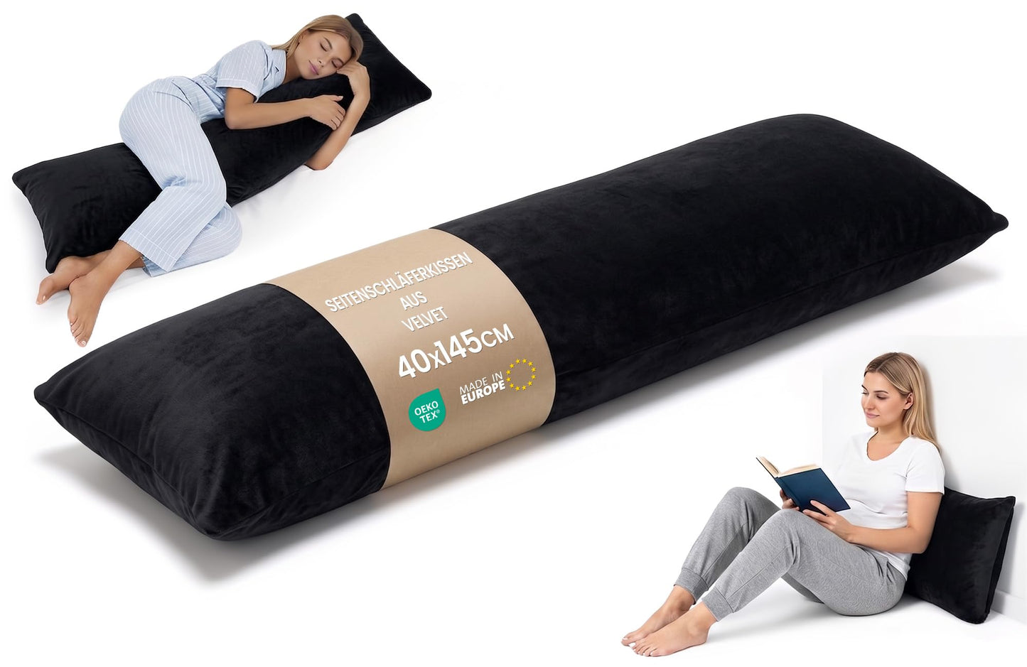 Seitenschläferkissen mit waschbarem Bezug, Black 40x145 cm
