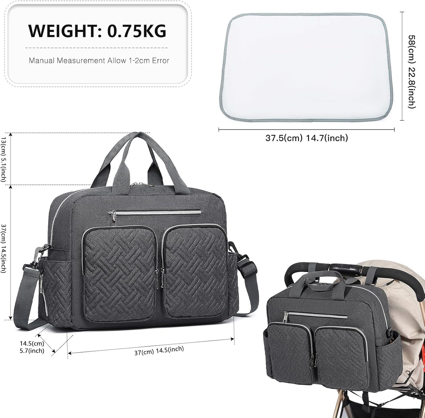 Baby-Wickeltasche Eq2411 mit isolierten Fächern und Wickelauflage, L, Grosse Tasche mit Wickelauflage Dunkelgrau