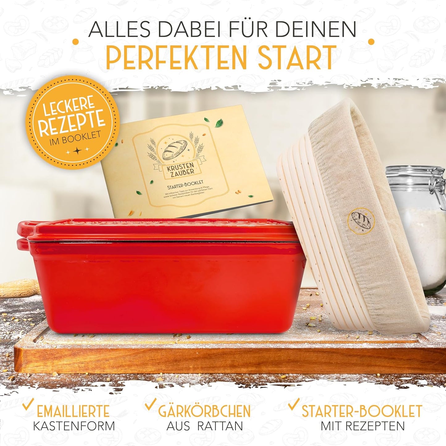 Brotbackform mit Gärkorb, Emaille Rot Kastenform